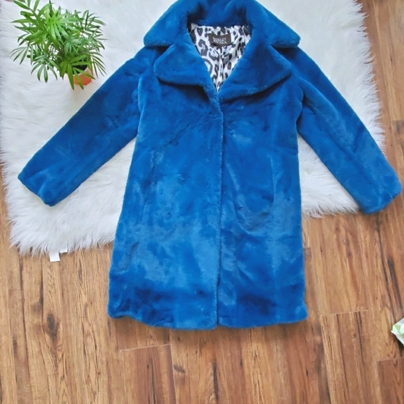 Badgley Mischka *blue* faux fur bunny trench coat - Picture 2 of 7